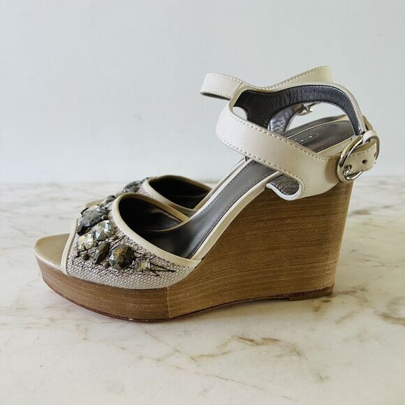 COACH Hanson Tan Gray Jeweled Rhinestone Platform Wedge Heel Sandals - US 8 - Picture 5 of 8
